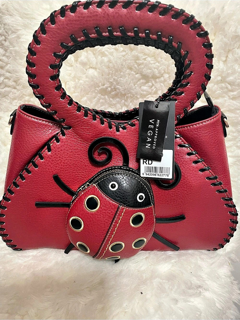 VEGAN Ladybug Embellished Shoulder Bag in Red & Black NWT